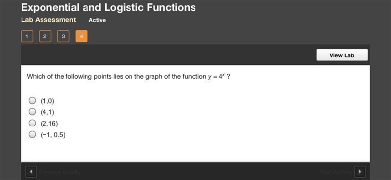 Which of the following points lies on the graph of the function y = 4^x (1,0) (4,1) (2,16) (−1, 0.5)-example-1