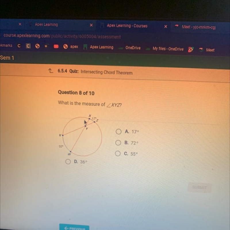 What is the measure of _XYZ? X 172 y O A. 17° V. O B. 72° 55° O C. 55° w D. 360-example-1