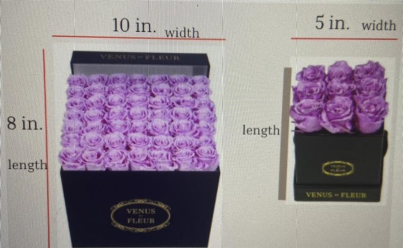 The diagram shows the length and width of two boxes of flowers. The length and width-example-1