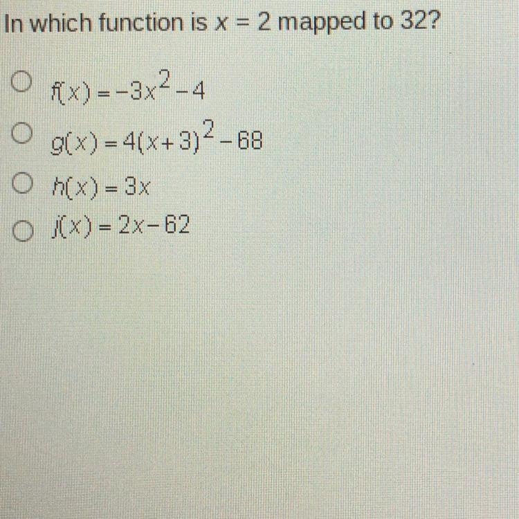 In which function is x = 2 mapped to 32 ?-example-1