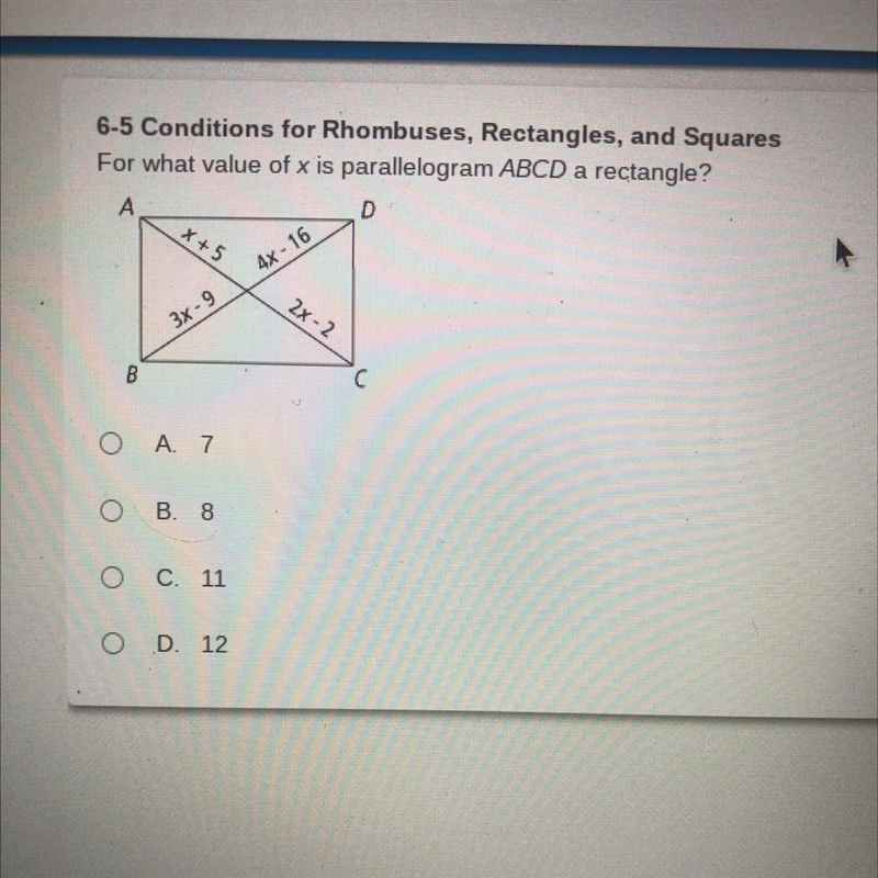 For what value of x is a parallelogram ABCD a rectangle-example-1