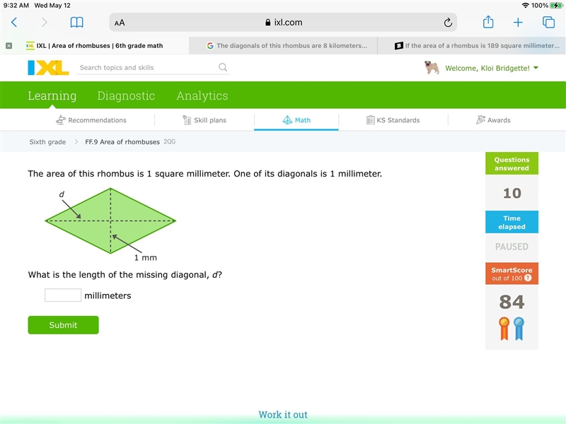 The area of this rhombus is 1 square millimeter. One of its diagonals is 1 millimeter-example-1