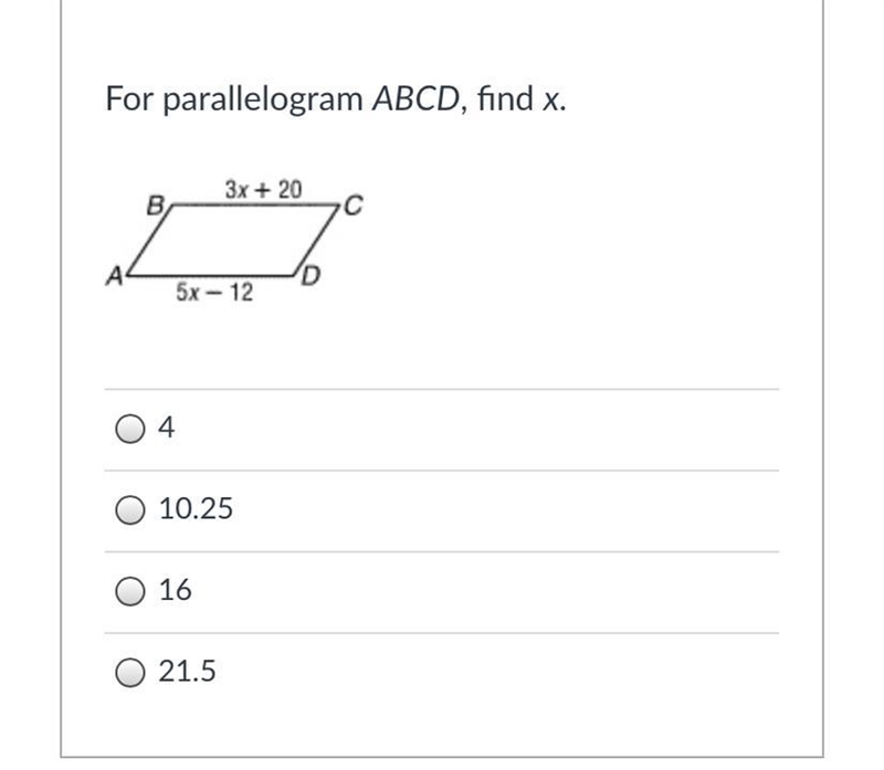 WILL MARK! For parallelogram ABCD, find x.-example-1