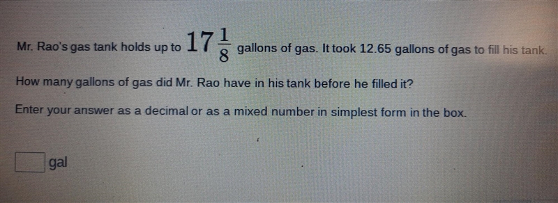 One step equations. due in 30 minutes pls help quick!! Mr. Rao's gas tank holds up-example-1