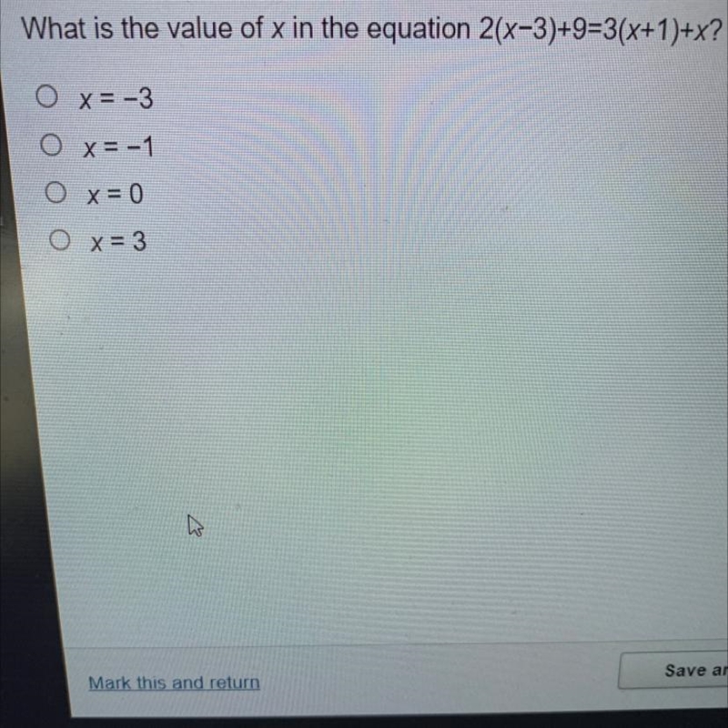 What is the value of x in the equation 2(x-3)+9=3(x+1)+x? с Of O x= -3 x = -1 Ο Ο O-example-1