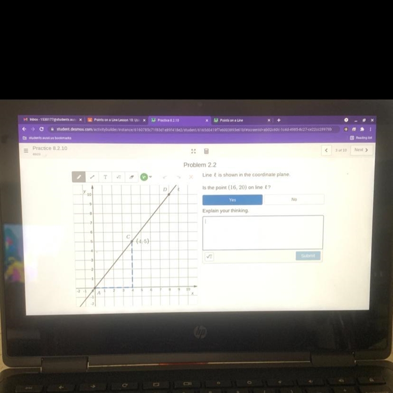 Line I is shown in the coordinate plane. Is the point (16, 20) on line l ?-example-1