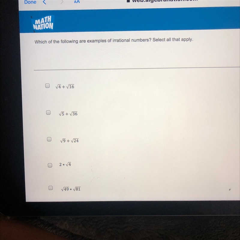 Which of the following are examples of irrational numbers? Select all that apply. V-example-1