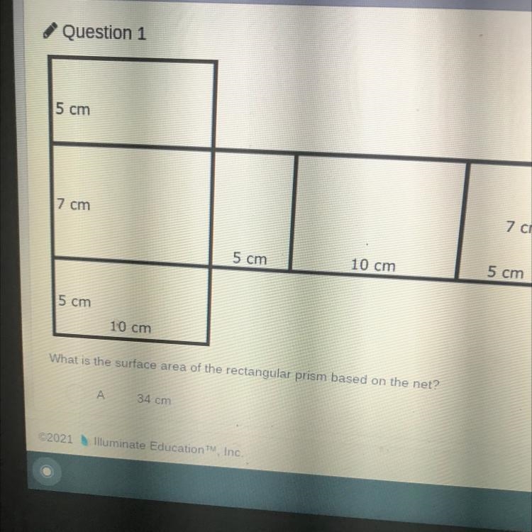 What is the surface area of the retagular prism based on the net A . 34cm B . 70 cm-example-1