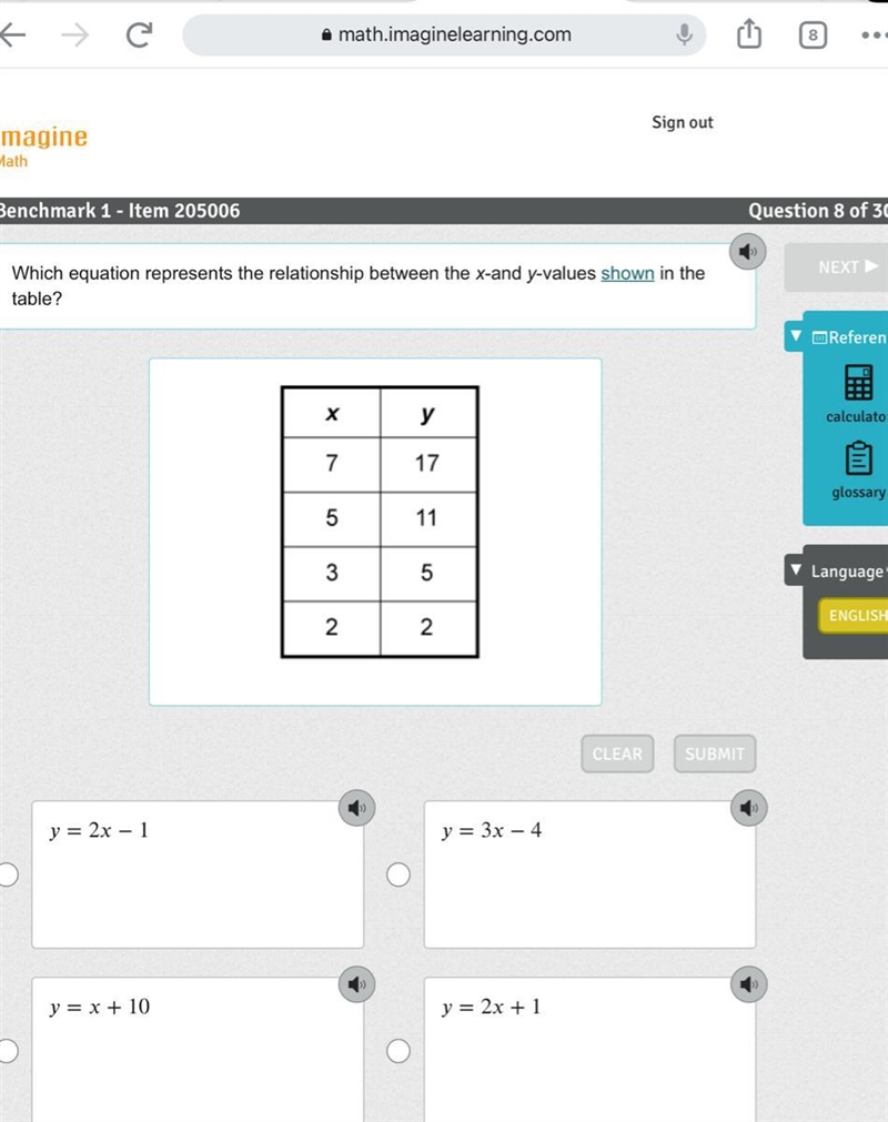 Which equation represents the relationship between the x-and y-values shown in the-example-1