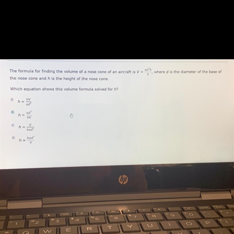 Which equation shows this volume formula solved for h?-example-1