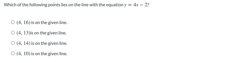 Which of the following points lies on the line with the equation Y=4X-2?-example-1