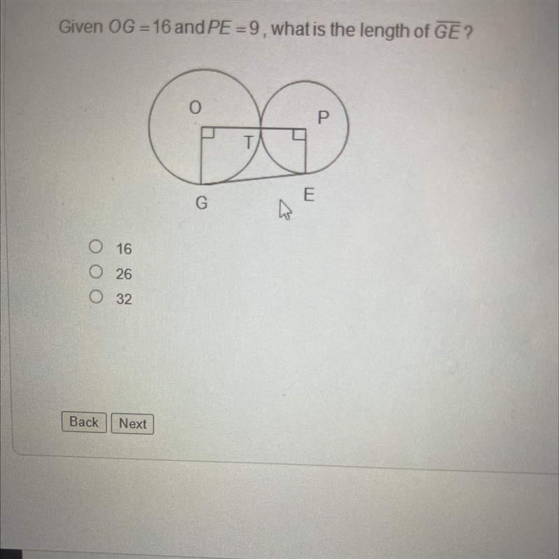 Given OG = 16 and PE =9, what is the length of GE?-example-1