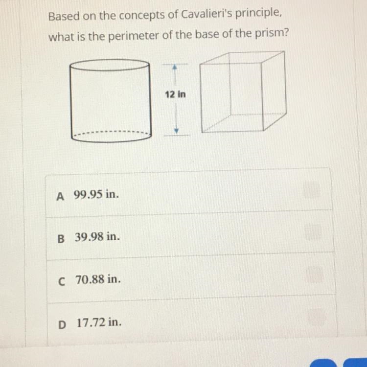 A square based prism and a cylinder both have the same height of 12 in. and the same-example-1