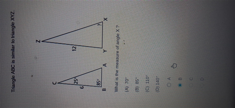 What is the measure of Angle X? I'm not sure if its B.-example-1