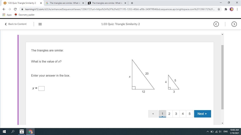 The triangles are similar. What is the value of x? Enter your answer in the box. x-example-1