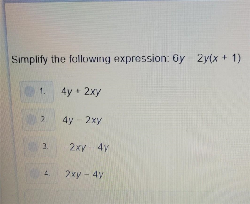 Simplify the expression 6y-2y(x+1)​-example-1