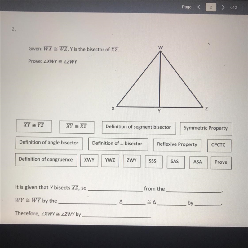 It’s given that Y bisects XZ -So I just really need the answers for the blanks. If-example-1