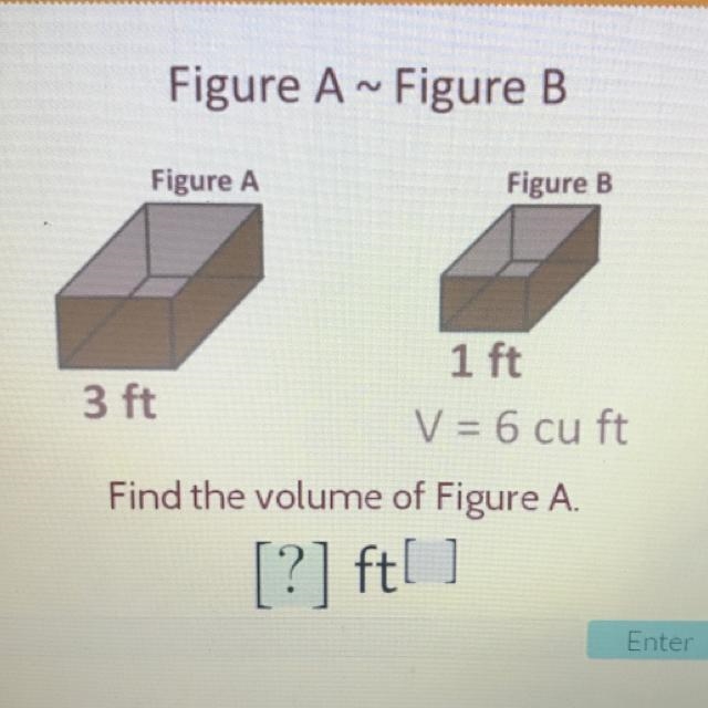 Figure A ~ Figure B Figure A Figure B 1 ft 3 ft V = 6 cu ft Find the volume of Figure-example-1