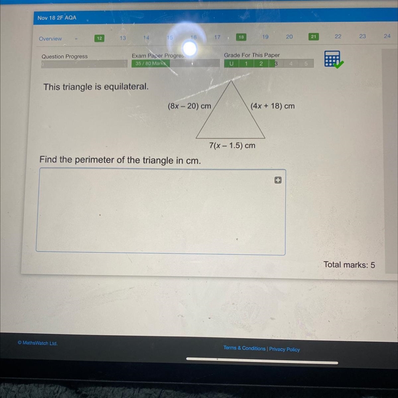 This triangle is equilateral. (8x - 20) cm (4x + 18) cm 7(x - 1.5) cm Find the perimeter-example-1