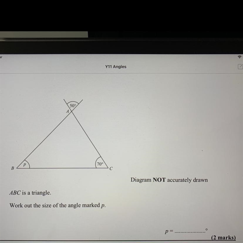 ABC is a triangle. Work out the size of the angle marked p.-example-1