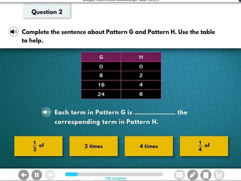 Complete the sentence about pattern G and pattern H. Use the table to help.-example-1