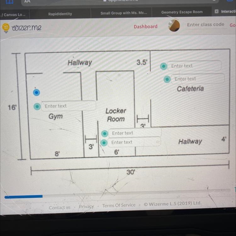 Find the area and perimeter the Gym, Cafeteria, and Locker Room drawn in the blueprint-example-1