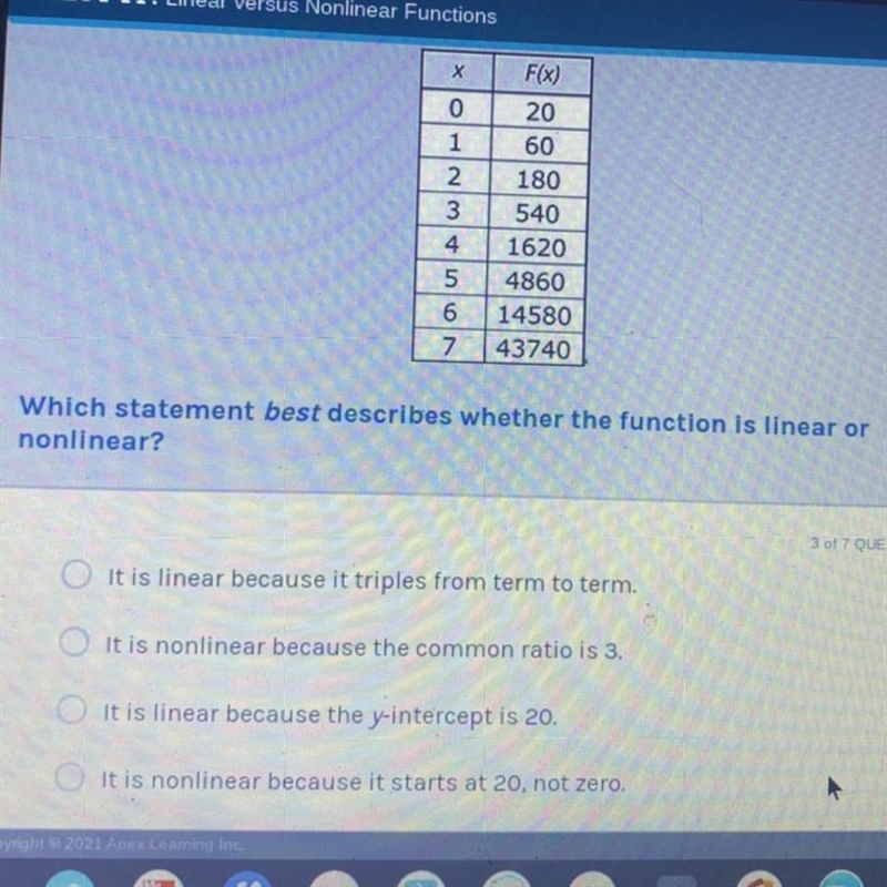 Which statement best describes whether the function is linear or nonlinear?-example-1