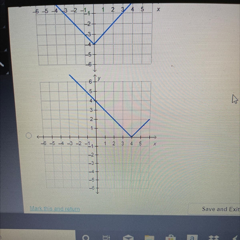 Which graph represents the function f(x) = |xl – 4?-example-1