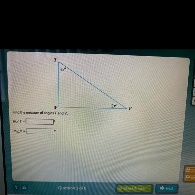 Find the measure of angles T and V.-example-1