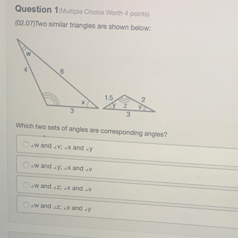 Two similar triangles are shown below: Which two sets of angles are corresponding-example-1