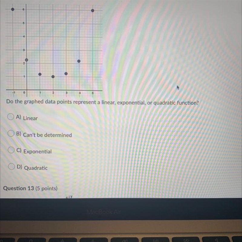 Do the graphed data points represent a linear, exponential, or quadratic function-example-1