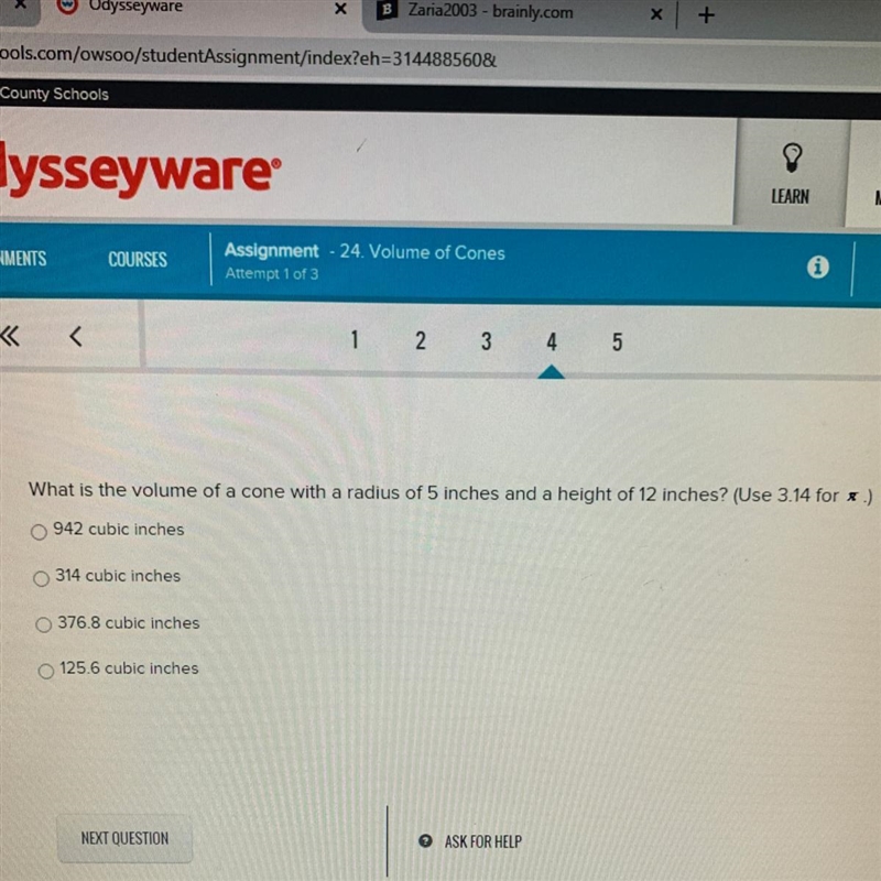 What is the volume of a cone with a radius of 5 inches and a helght of 12 inches ? (Use-example-1