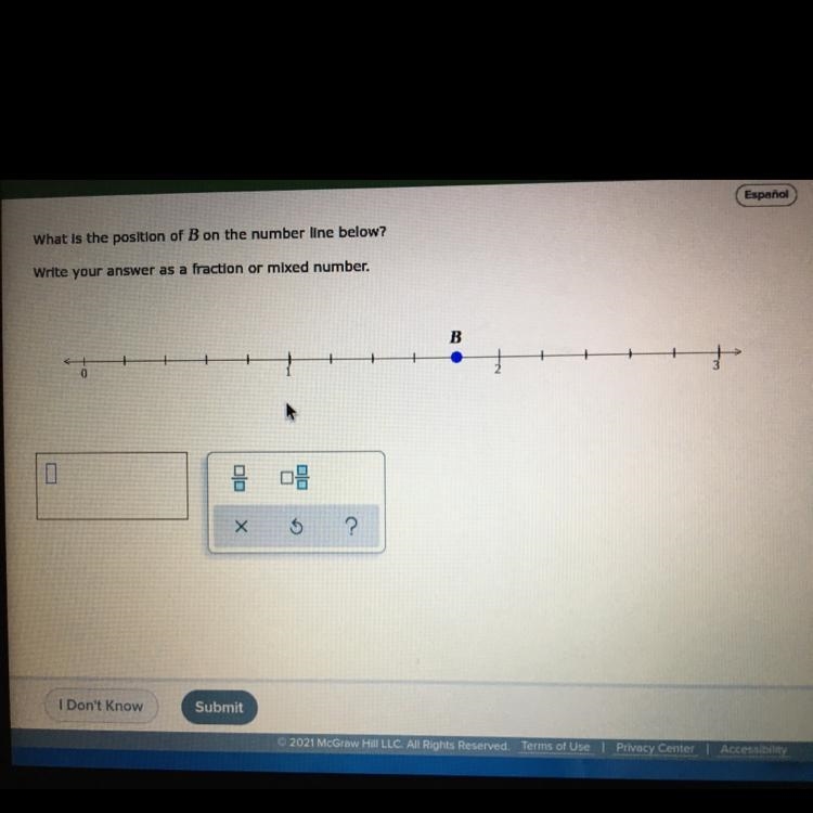 What is the position of B on the number line below? Write your answer as a fraction-example-1