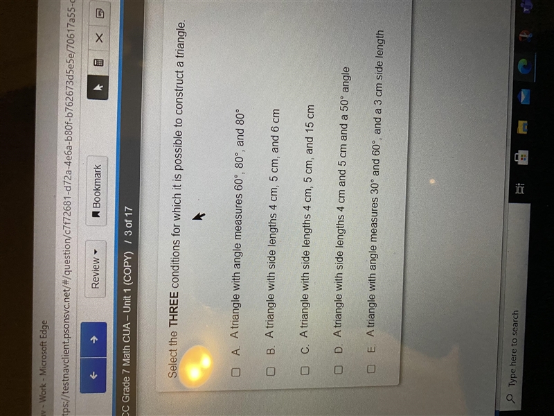 Need help badly what three conditions for which it is possible to construct a triangle-example-1