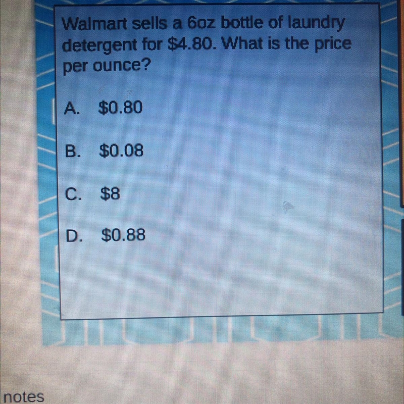 Walmart sells a 6oz bottle of laundry detergent for $4.80. What is the priceper ounce-example-1