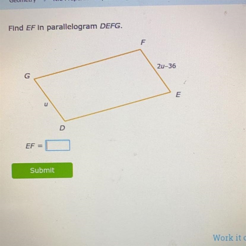 How do I find EF in the parallelogram DEFG?-example-1