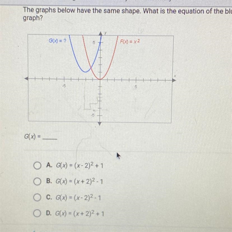 The graphs below have the same shape. what is the equation of the blue graph?-example-1