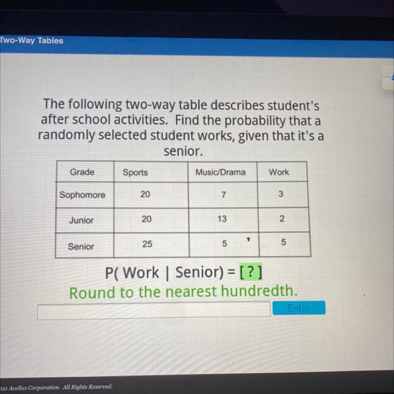 The following two-way table describes student's after school activities. Find the-example-1