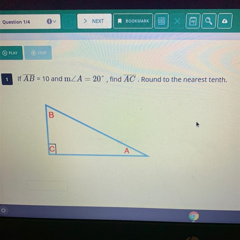 If AB = 10 and m_A = 20° , find AC . Round to the nearest tenth.-example-1