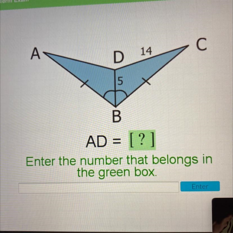 A А С D 14 5 B AD = [?] Enter the number that belongs in the green box Enter-example-1