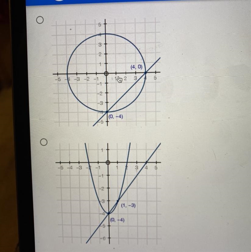 Which graph correctly solves the system of equations below? x² + y² = 16 y = x - 4 (1 point-example-1