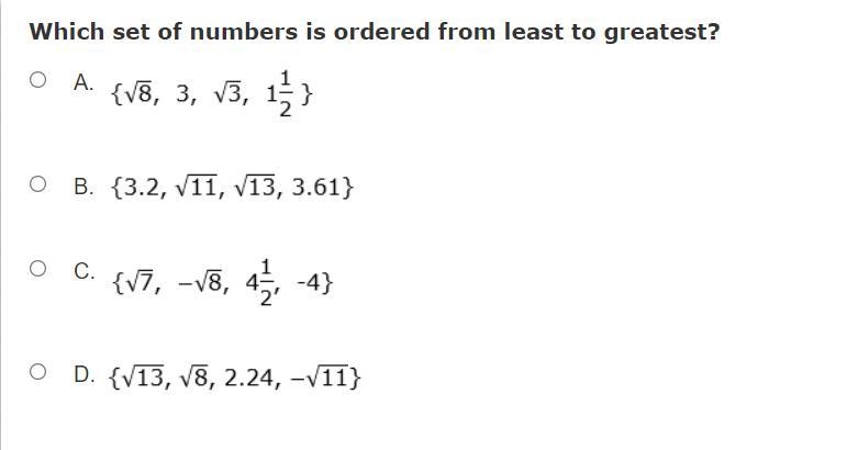 Which set of numbers is ordered from least to greatest?-example-1