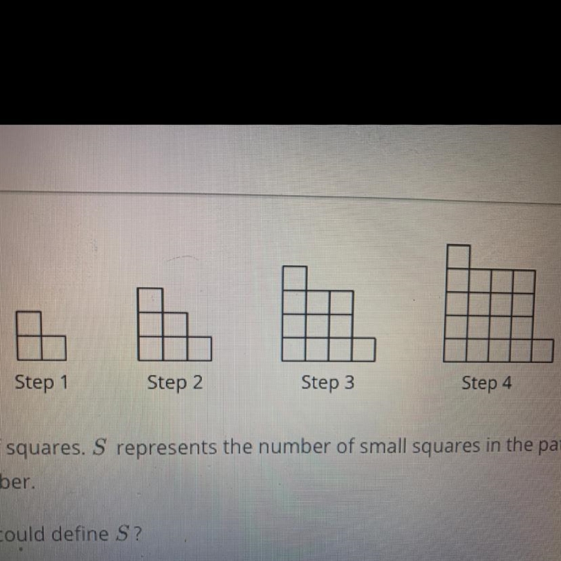 Here is a pattern of squares. S represents the number of small squares in the pattern-example-1