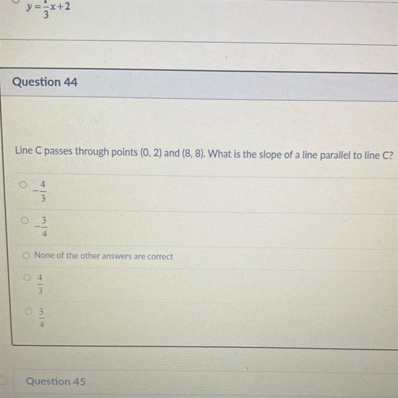 Line C passes through points (0, 2) and (8,8). What is the slope of a line parallel-example-1