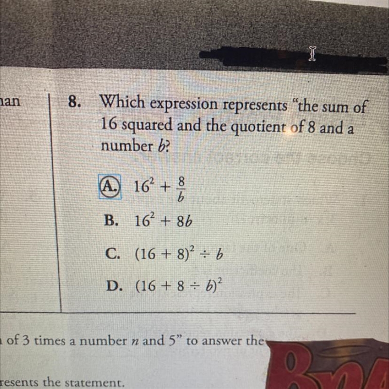 Which expression represents "the sum of 16 squared and the quotient of 8 and-example-1