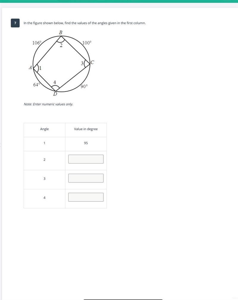 In the figure shown below, find the values of the angles given in the first column-example-1