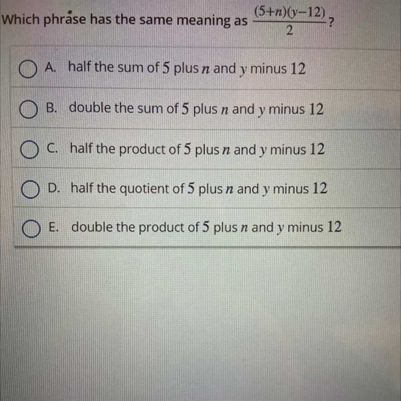 Which phrase has the same meaning as (5+n)(y-12) ————— ? 2-example-1