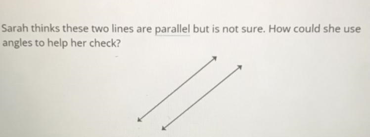 Sarah thinks these two lines are parallel but is not sure. How could she use angles-example-1