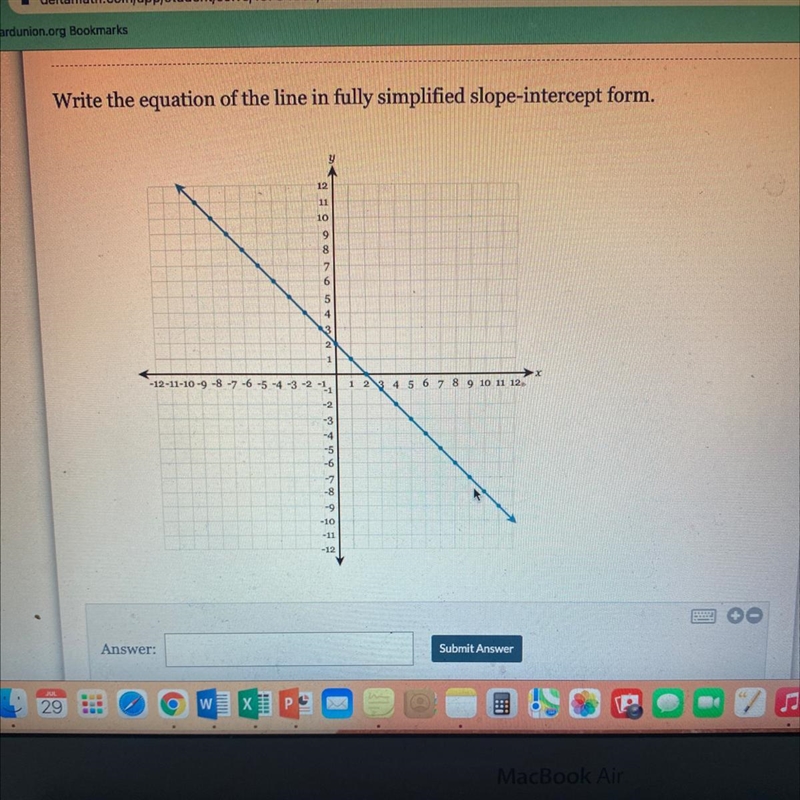 Write the equation of the line in fully simplified slope-intercept form.-example-1