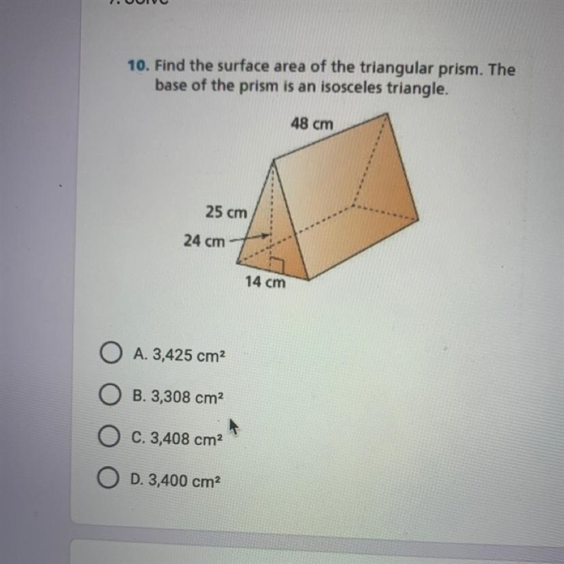 10. Find the surface area of the triangular prism. The base of the prism is an isosceles-example-1